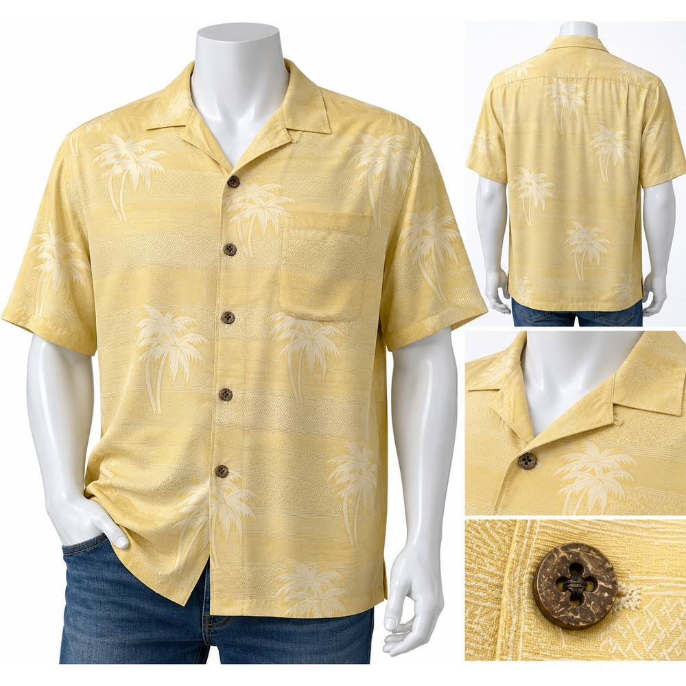 Tommy Bahama Camp Shirt Mens XL Yellow‎ Excellent Palm Tree Jacquard Silk